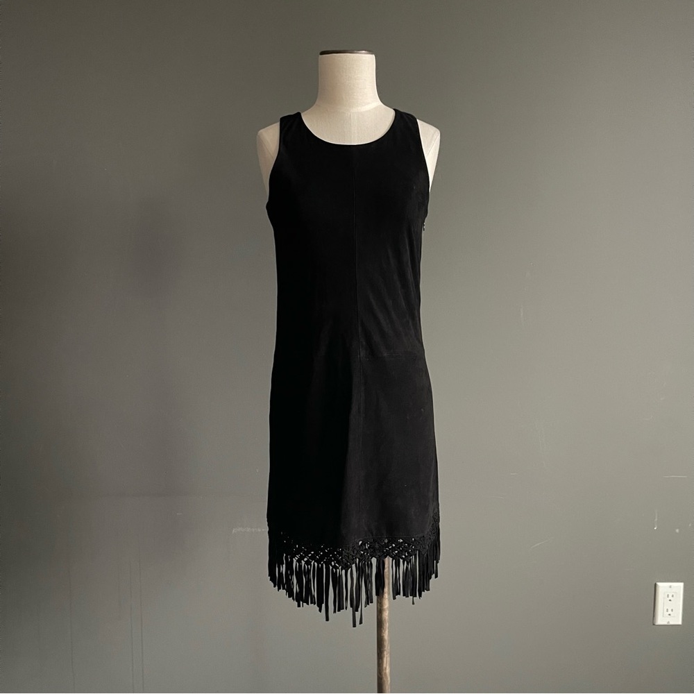 Maje Black Goat Suede Fringe Mini Dress Boho Country Ranch Rodeo Western Cowgirl